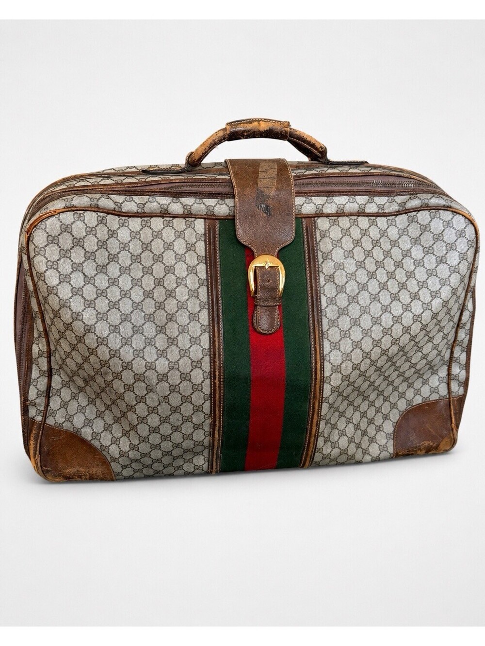 Vintage GUCCI GG Plus Monogram Leather Oversized Web Weekender Bag Suitcase Home - Picture 8 of 8